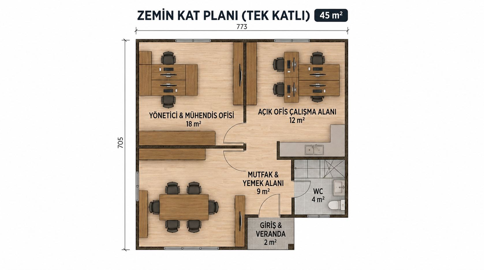 45 m² Şantiye Ofis & Yaşam Kompleksi - Kat Planı